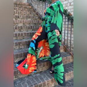Vibrant Multicolor Tie Front Oversized Maxi Cardigan Kaftan Robe Dress